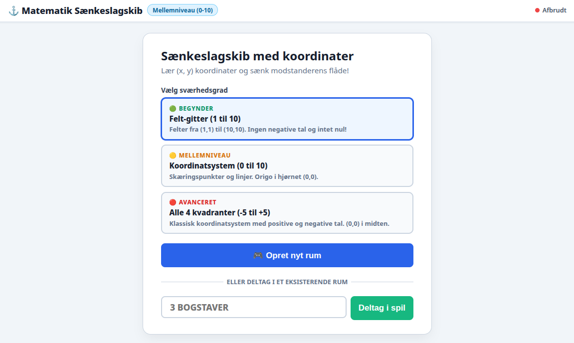Matematik Sænkeslagskib: Koordinatsystem